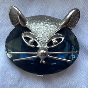 BSK Vintage  Cat Kitten Brooch Blue Glass Cabochon silver tone